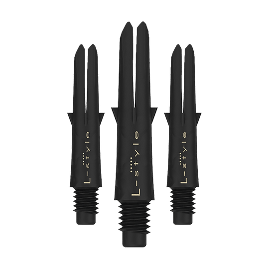 L style carbon shafts Das Bild zeigt drei schwarze Dartschäfte aus Carbon der Marke L-Style. Sie sind ohne Kappen und haben eine Länge von 26 mm.