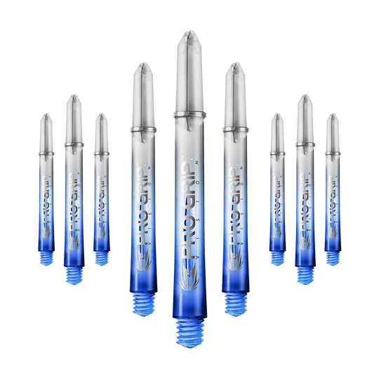 Target Pro Grip Vision Shafts - 3 Sets - Blue Das Bild zeigt neun transparente Dartschäfte mit blauem unteren Ende. Auf den Schäften steht "Pro Grip" geschrieben.