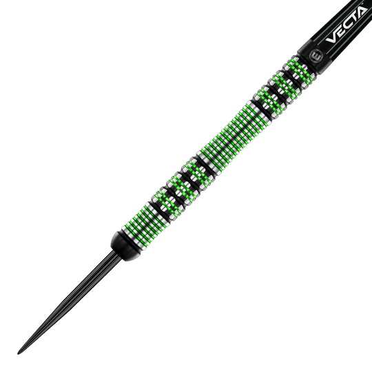 Winmau Brendan Dolan steel darts Das Bild zeigt einen Winmau Brendan Dolan Steeldart. Der Dartpfeil hat ein auffälliges Design mit grünen und silbernen Ringen am Barrel.