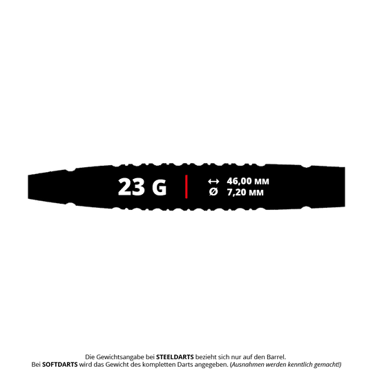 Das Bild zeigt die Produkteigenschaften der Caliburn Sword S3 Steeldarts mit einem Gewicht von 23 Gramm. Die Länge beträgt 46,00 mm und der Durchmesser 7,20 mm.