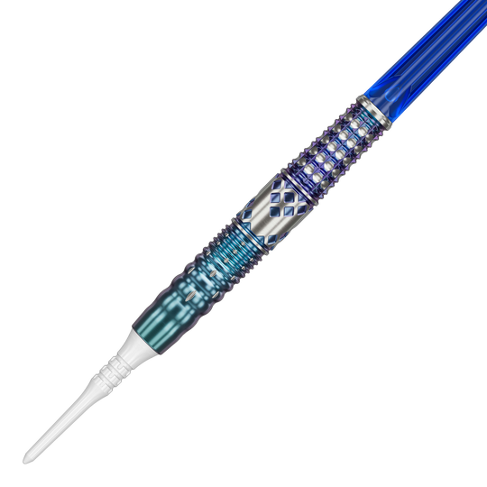 Dies ist ein Softdart namens "Target Japan Cathy Leung Charis GEN5 Softdarts - 19g". Er hat ein auffälliges Design mit blauen und silbernen Akzenten sowie strukturierter Oberfläche.
