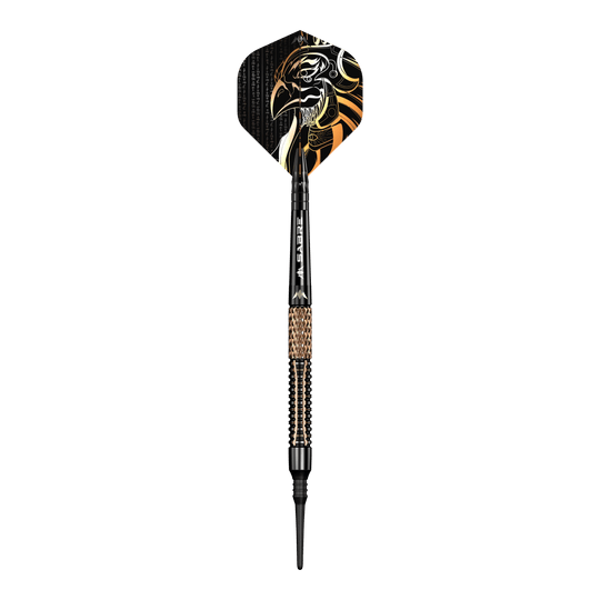 Mission Horus Softdarts - 19g Der Mission Horus Softdart - 19g ist ein stilvoller Dartpfeil mit schwarzem und goldfarbenem Design. Auf der Flight-Fläche ist der Kopf eines stilisierten Vogels abgebildet.