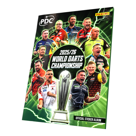 Panini PDC World Darts Championship 2025/26 - Offizielles Sticker-Sammelalbum als Softcover zu sehen. Das Sammelalbum ist für die Kollektion von Panini-Stickern rund um die Weltmeisterschaft gedacht.