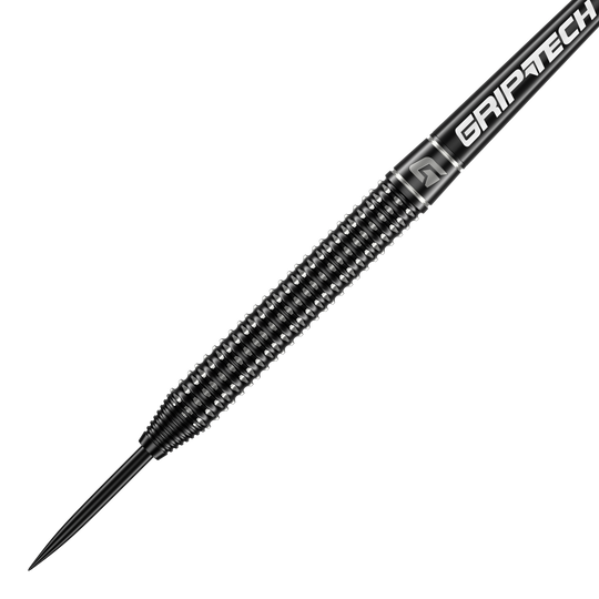 GOAT Sprocket Tungsten Steel Darts Das Bild zeigt einen GOAT Sprocket Tungsten Steeldart mit einem schwarzen, strukturierten Griff. Auf dem Schaft steht in weißer Schrift das Wort "GRIPTECH".