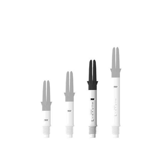 Abgebildet ist der L-Style L-Shaft Carbon Silent Straight in Weiß, Modell 260. Dieses Produkt wird für den Zusammenbau von Dartpfeilen verwendet.