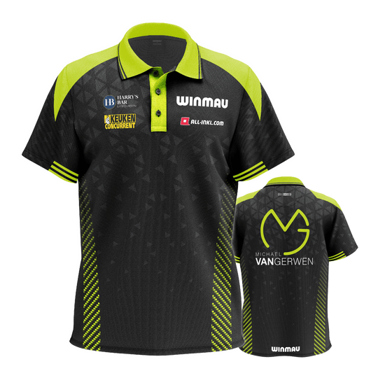 Auf dem Bild ist das Winmau Michael Van Gerwen Stage Poloshirt zu sehen. Dieses Poloshirt ist für Dart-Fans gestaltet.