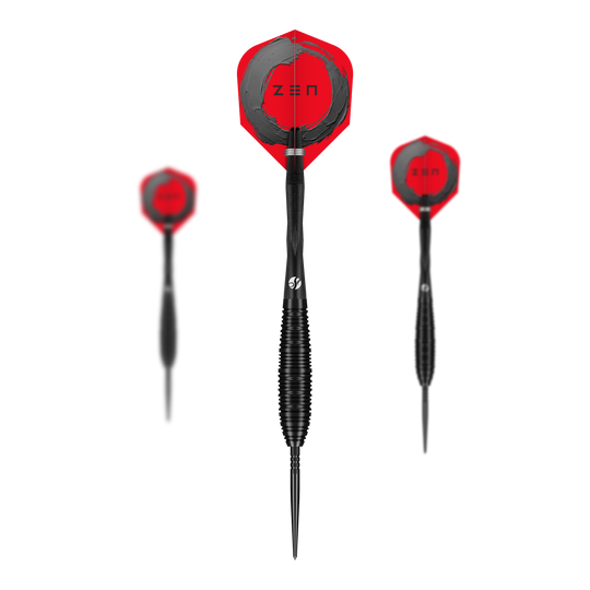 Gezeigt wird das Shot ZEN Bomber Turbo Point Steeldarts 1Set. Das Set eignet sich optimal für Einsteiger und Profis.
