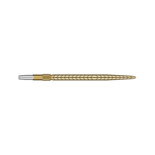 Target Swiss Point RVE dart tips - Gold Das Bild zeigt eine goldfarbene Dartspitze mit einem feinen, eingravierten Muster. Die Spitze ist lang und hat ein elegantes, schlankes Design.