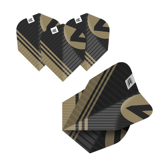 Das Bild zeigt fünf Sätze Target Pro Ultra Chicane No6 Flights. Die Flights sind schwarz und gold mit einem modernen, gestreiften Design.