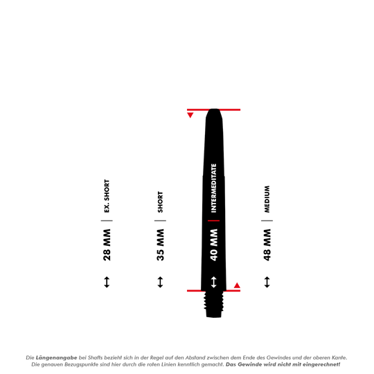 Das Bild zeigt die verschiedenen Längen von Nylon Shafts in Schwarz. Die Längen sind in Ex. Short (28 mm), Short (35 mm), Intermediate (40 mm) und Medium (48 mm) unterteilt.
