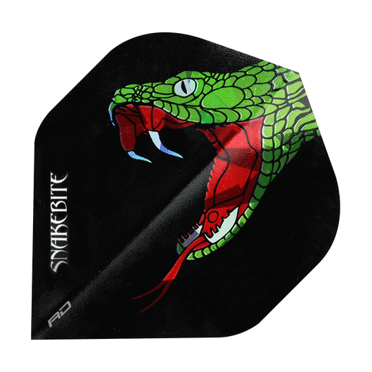 3xg38I3tOT2xav Das Bild zeigt ein Dart-Flight mit einem auffälligen Schlangenkopf-Design auf schwarzem Hintergrund. Links steht der Schriftzug "Snakebite" in weißer Farbe.
