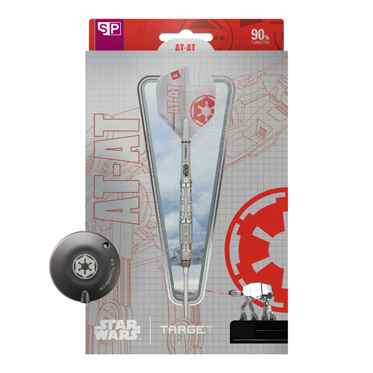 Dieses Bild zeigt die Target Star Wars AT-AT Swiss Point Steeldarts. Die Abbildung präsentiert die besonderen Merkmale der Pfeile.