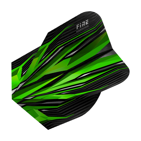 HR2_Harrows_Fire_Green_Standard_Flights_2 Das Bild zeigt die Harrows Fire Green Standard Flights. Sie haben ein auffälliges Design in Grün und Schwarz mit scharfen Linien und Mustern.