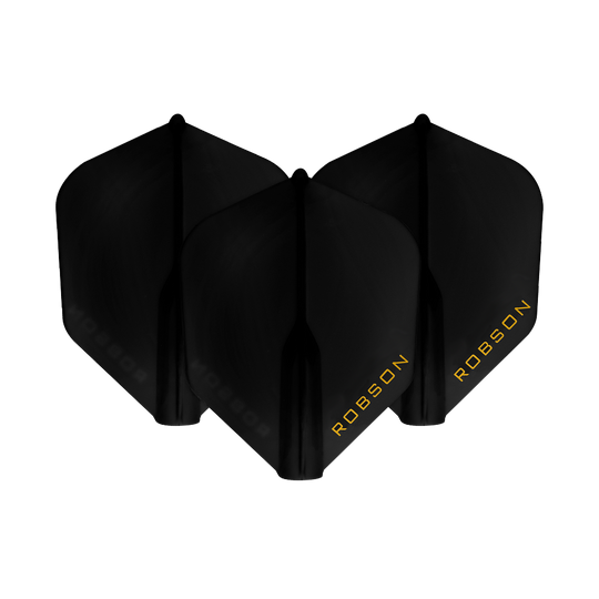 Robson Plus Flights - NO6 Das Bild zeigt drei schwarze Dart-Flights mit der Aufschrift "ROBSON" in gelber Schrift. Sie sind nebeneinander angeordnet und heben sich vor einem weißen Hintergrund ab.