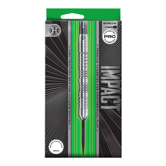 Abgebildet sind Harrows Impact Steeldarts aus einer anderen Perspektive. Die Darts wirken robust und professionell.