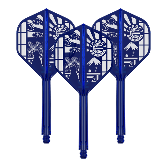 Ein Set von Target Japan K-Flex Blue Limited No2 Flights 33mm wird dargestellt. Das Set zeigt blaue Dartflights.