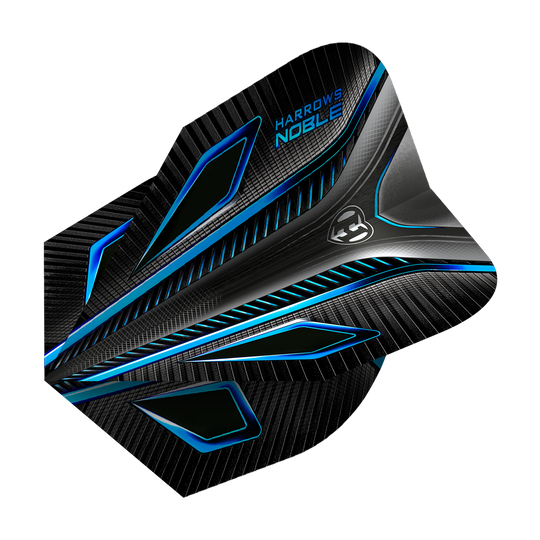HR7_Harrows_Noble_Aqua_Standard_Flights_2 Das Bild zeigt die Harrows Noble Aqua Standard Flights, ein Zubehörteil für Dartpfeile. Sie sind schwarz mit blauen und silbernen Akzenten gestaltet und wirken sehr modern.