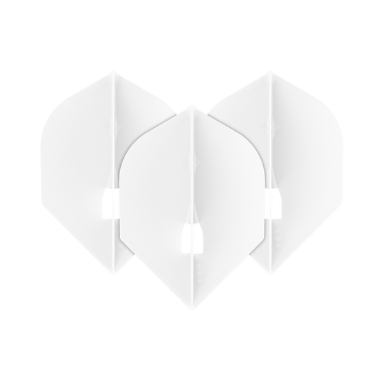 Das Bild zeigt drei weiße L-Style L5PRO Rocket Flights für Dartpfeile. Sie sind in einer überlappenden Formation angeordnet und haben eine moderne, kantige Form.