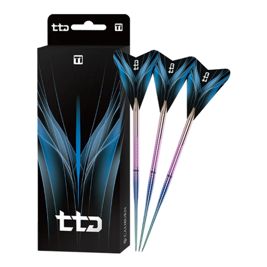 Das Bild zeigt den Caliburn TTD Complete Titanium T1 Rainbow Steeldarts - 5g. Der Steeldart besteht aus Titan und wirkt hochwertig.