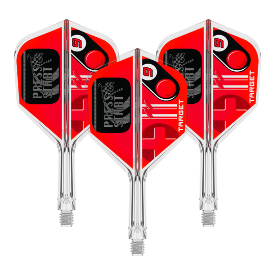 Abgebildet ist das Produkt 410582_Target_K-Flex_PressStart_No6_Flights_19mm_1Set. Das Produkt besteht vermutlich aus einem Set von Dart-Flights.