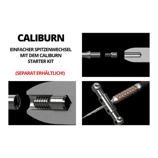 Das Bild zeigt verschiedene Detailansichten eines austauschbaren Steeldartspitzensystems. In mehreren Abbildungen werden die einzelnen Komponenten und der Zusammenbau des Systems dargestellt.