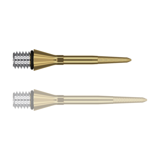 380166_Target_Titanium_Swiss_Point_Nano_Conversion_Points_Gold_26mm_1eRvYDFNbRqr4n Das Bild zeigt zwei goldene Swiss Point Nano Conversion Points von Target. Sie haben eine schlanke, spitze Form und ein silbernes Schraubgewinde am Ende.