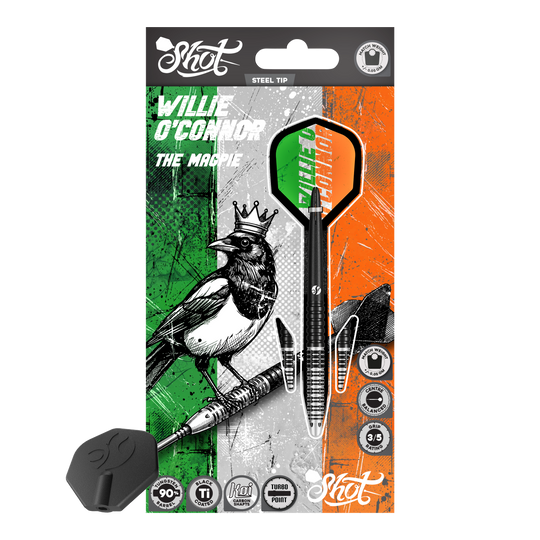 Shot Pro Series Willie O'Connor Magpie Turbo Point Steeldarts bestehen aus filigran gearbeiteten Dartpfeilen. Sie werden fächerförmig angeordnet gezeigt.