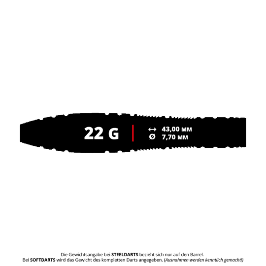 Caliburn Wolfpack W2 steel darts - 22g Das Bild zeigt den Caliburn Wolfpack W2 Steeldart mit einem Gewicht von 22 Gramm. Die Länge beträgt 43,00 mm und der Durchmesser 7,70 mm.