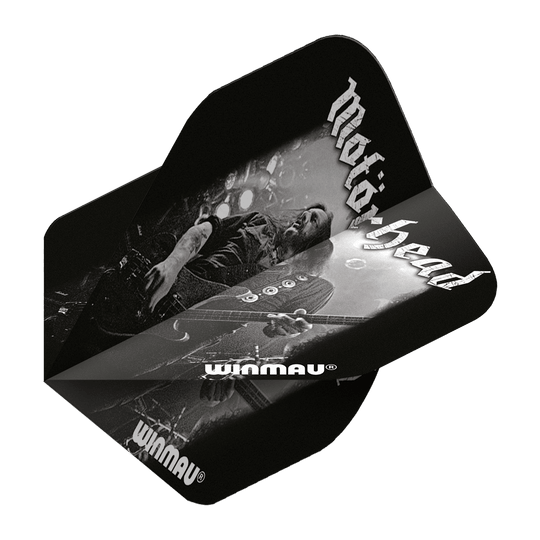 6905-209_Winmau_Rockstar_Legends_Mot-rhead_Lemmy_Standard_Flights_2 Das Bild zeigt ein Dartflight mit dem Motiv der Band Motörhead und dem Schriftzug "Winmau". Auf dem Flight ist ein Schwarz-Weiß-Bild von Lemmy, dem legendären Sänger von Motörhead, abgebildet.
