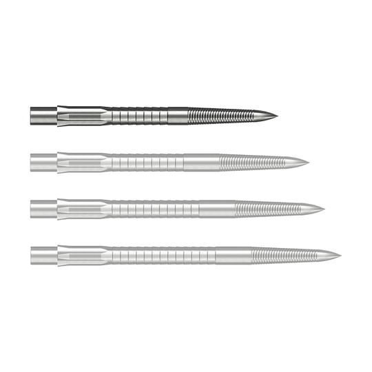 Abgebildet ist eine silberne Caliburn Evo System Steeldartspitze Micro Grip mit 28 mm Länge. Die Spitze liegt deutlich sichtbar auf einem hellen Hintergrund.