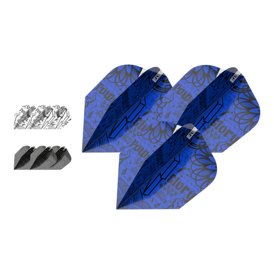 Target Ink Bundle 3 Sets Power No6 Flights Das Bild zeigt drei Sets von Target Ink Bundle Power No6 Flights in verschiedenen Farben und Designs. Die Flights sind in Blau, Schwarz und Weiß mit auffälligen grafischen Mustern gestaltet.