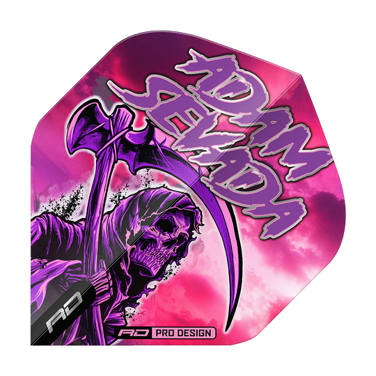 Das Bild zeigt das Produkt "Red Dragon Hardcore Adam Sevada Premium No2 Standard Flights". Auf dem Flight ist ein düsteres Sensenmann-Motiv vor einem pink-violetten Hintergrund mit dem Schriftzug "Adam Sevada" zu sehen.