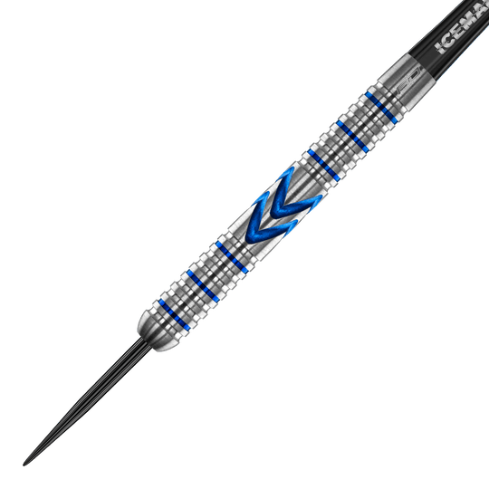 Red Dragon Gerwyn Price Iceman Midnight Edition steel darts Das Bild zeigt einen Steeldart mit silberner Oberfläche und blauen Akzenten. In der Mitte befindet sich ein markantes blaues Muster in Pfeilform.