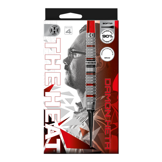 Das Bild zeigt die Harrows Damon Heta Series 4 Softdarts. Die Softdarts sind speziell für den Dartsport entwickelt.