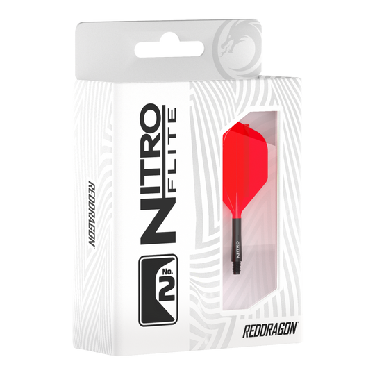 Abgebildet ist das Produkt Red Dragon Nitroflite - Black Shaft Red No2 Flights. Die Flights sind für Dartpfeile geeignet und haben schwarze und rote Farben.