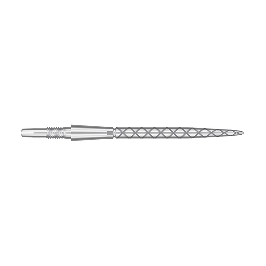 Target Swiss Storm Diamond Point Dart Tips - Silver Das Bild zeigt eine silberne Dartspitze mit einem rautenförmigen Muster. Die Spitze ist lang und schmal, mit feinen Rillen für besseren Halt.
