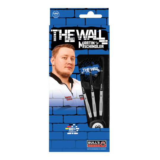 Bulls Martin Schindler TW80 soft darts - 18g Die Abbildung zeigt die Produktverpackung der "Bulls Martin Schindler TW80 Softdarts - 18g". Auf der Verpackung ist ein Bild von Martin Schindler sowie drei Softdarts und das Logo von BULL'S zu sehen.