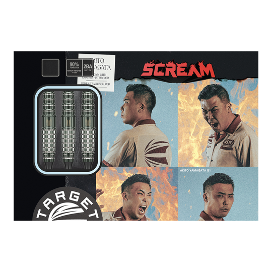 Target Japan Akito Yamagata Scream GEN1 Soft Darts - 19g Das Bild zeigt die Verpackung der Target Japan Akito Yamagata Scream GEN1 Softdarts - 19g. Auf der Verpackung sind drei Darts sowie vier ausdrucksstarke Porträtfotos einer Person zu sehen.