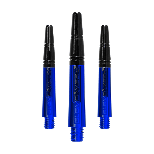 Harrow's Alamo VS2 Shafts - Blue Das Bild zeigt drei blaue Dartschäfte mit schwarzem oberen Teil. Sie sind nebeneinander angeordnet und haben ein glänzendes Design.