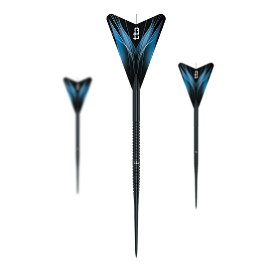 Abgebildet sind die Caliburn TTD Complete Titanium T1 Black Steeldarts - 5g. Die Darts haben ein schwarzes Design und wiegen 5g.