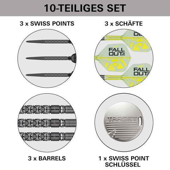 Target Luke Littler Nuke Fallout Swiss Points Steeldarts Dieses Bild zeigt die Target Luke Littler Nuke Fallout Swiss Points Steeldarts. Die Steeldarts sind für das Dartspiel konzipiert.