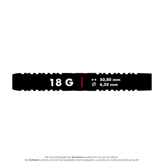 RD2569_Red_Dragon_Gerwyn_Price_Firebird_Softdarts_5_18g Das Bild zeigt die Produktinformationen eines Softdart-Barrels mit 18 Gramm Gewicht. Die Maße sind 50,80 mm Länge und 6,20 mm Durchmesser.