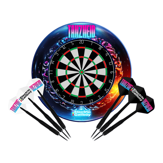 Electric Callboy Tanzneid Steel Dartboard and Surround Bundle Gezeigt wird das Electric Callboy Tanzneid Steeldartboard und Surround Bundle. Das Set beinhaltet eine Dartscheibe und Umrandung.