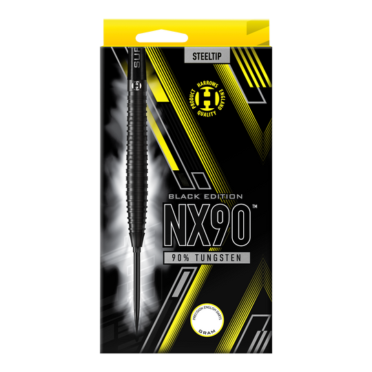 Die Abbildung zeigt die Harrows NX90 Black Edition Tapered Quick Point Steeldarts. Sie haben eine elegante, konische Silhouette und sind komplett schwarz.