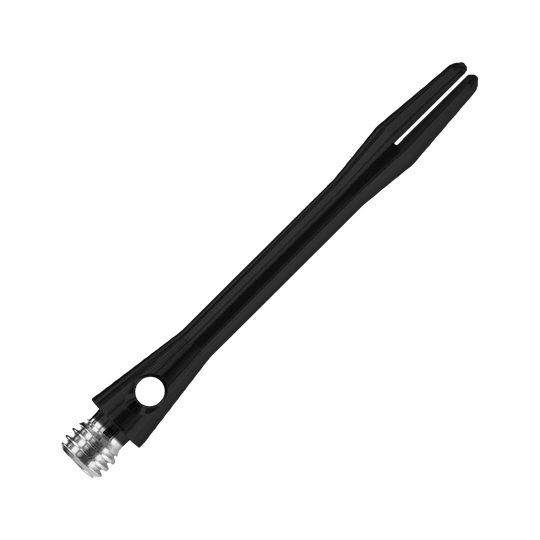 HR367_Harrows_Keramic_Shafts_Schwarz_41mm_2 Das Bild zeigt einen Harrows Keramic Shaft in mattem Schwarz. Der Schaft hat ein schlankes Design mit einem silbernen Gewinde am unteren Ende.