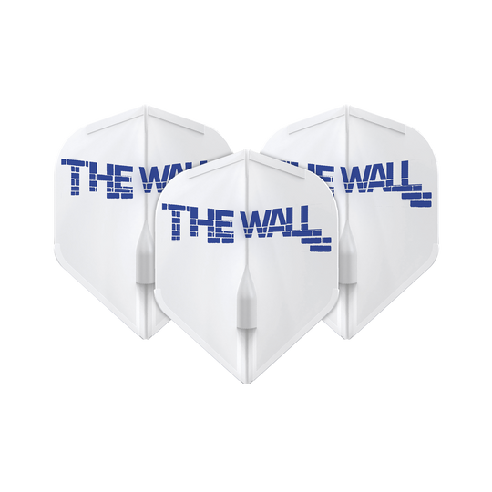 L-Style Martin Schindler White L1EZ Flights Das Bild zeigt drei weiße Dart-Flights mit der blauen Aufschrift "THE WALL". Die Flights sind das Modell L-Style Martin Schindler Weiß L1EZ.