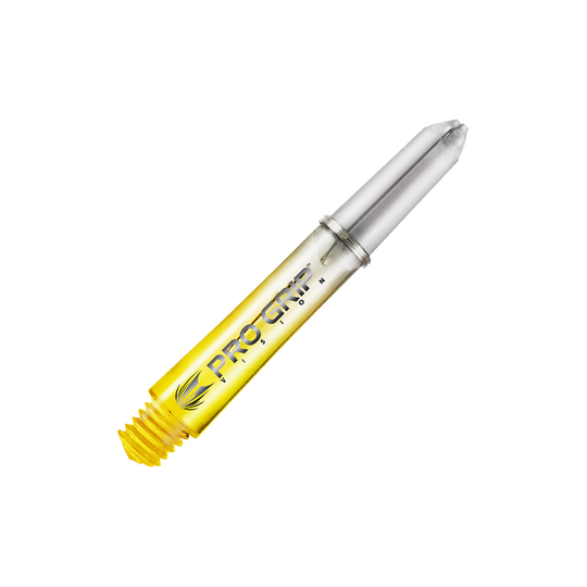 Target Pro Grip Vision Shafts - 3 Sets - Yellow Das Bild zeigt einen gelben Dart-Schaft mit der Aufschrift "Pro Grip Vision". Der Schaft ist durchsichtig und hat ein modernes Design.