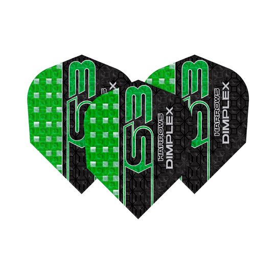 Harrows Dimplex S3 Flights - Green Mehrere Harrows Dimplex S3 Flights - No6 liegen als Set nebeneinander. Die Flächen sind gleichmäßig geformt.