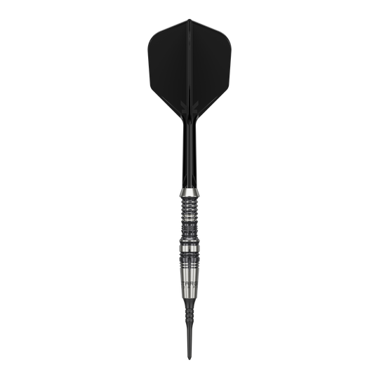 Das Bild zeigt einen Softdart der Marke 'Target Japan Black Marque Heracles' mit einem Gewicht von 18g. Der Dart hat ein elegantes Design mit schwarz-silbernem Barrel und schwarzer Spitze sowie Flight.