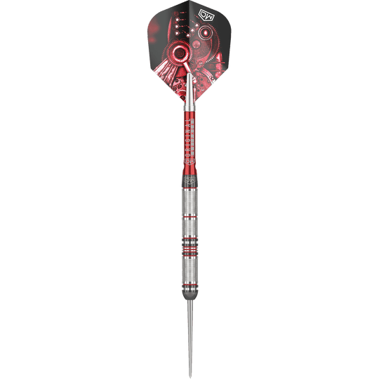 DW Piranha Razor 01 steel darts Das Bild zeigt den Steeldart "DW Piranha Razor 01". Der Dart hat ein silbernes Griffstück mit roten Akzenten und eine Flight mit mechanischem Design.
